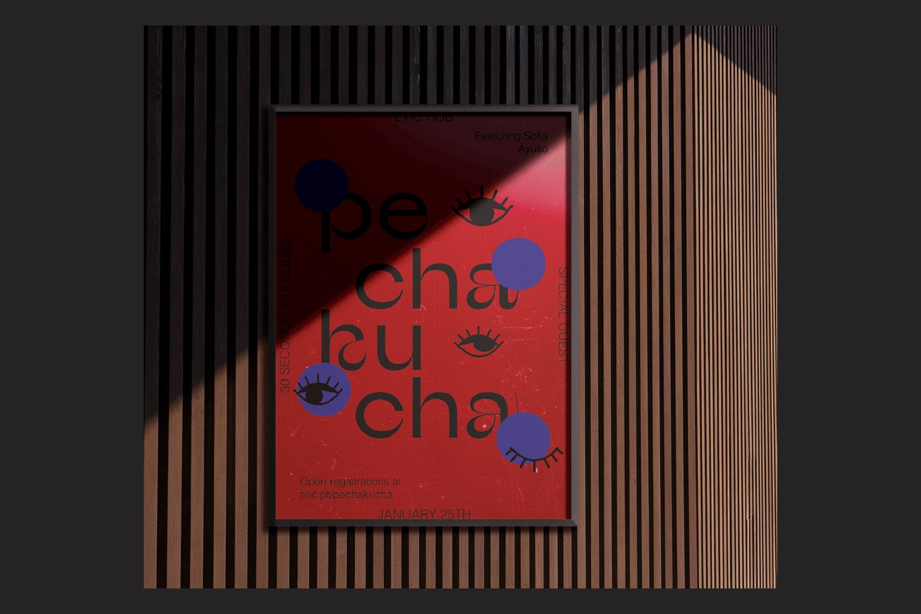 mockup de 4 cartazes, 2 vermelhos 2 azuis. 
                                Apresenta um texto -Pechakucha- que ocupa grande 
                                parte do cartaz e também apresenta uns símbolos representativos
                                deste mesmo projeto.